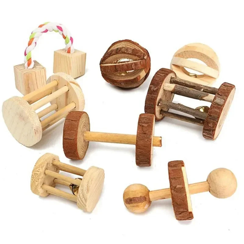 Wooden Rabbit Roller Toy – Natural Chew Dumbbell with Bell for Small Pets