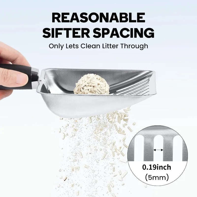 Stainless Steel Cat Litter Scoop with Rubber Handle – Durable Metal Kitty Scooper with Sturdy Mesh Filter for Easy Litter Cleaning