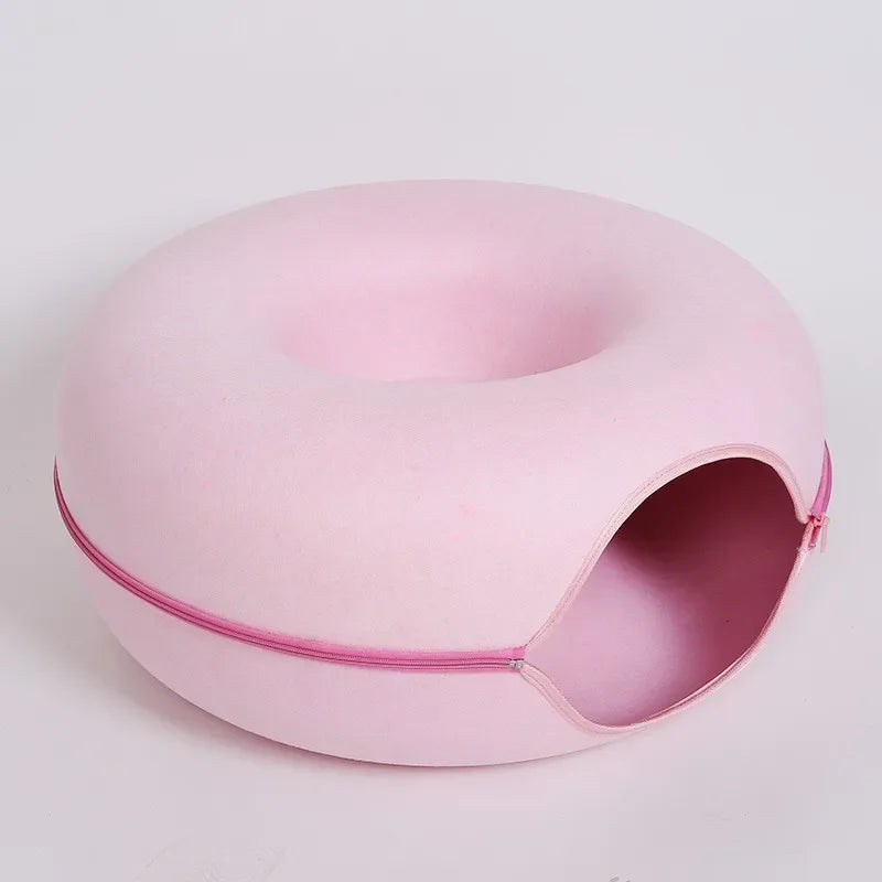 Felt Tunnel Cat Nest with Window – Round Donut Cat Bed, Detachable & Washable All-Season Pet Nest
