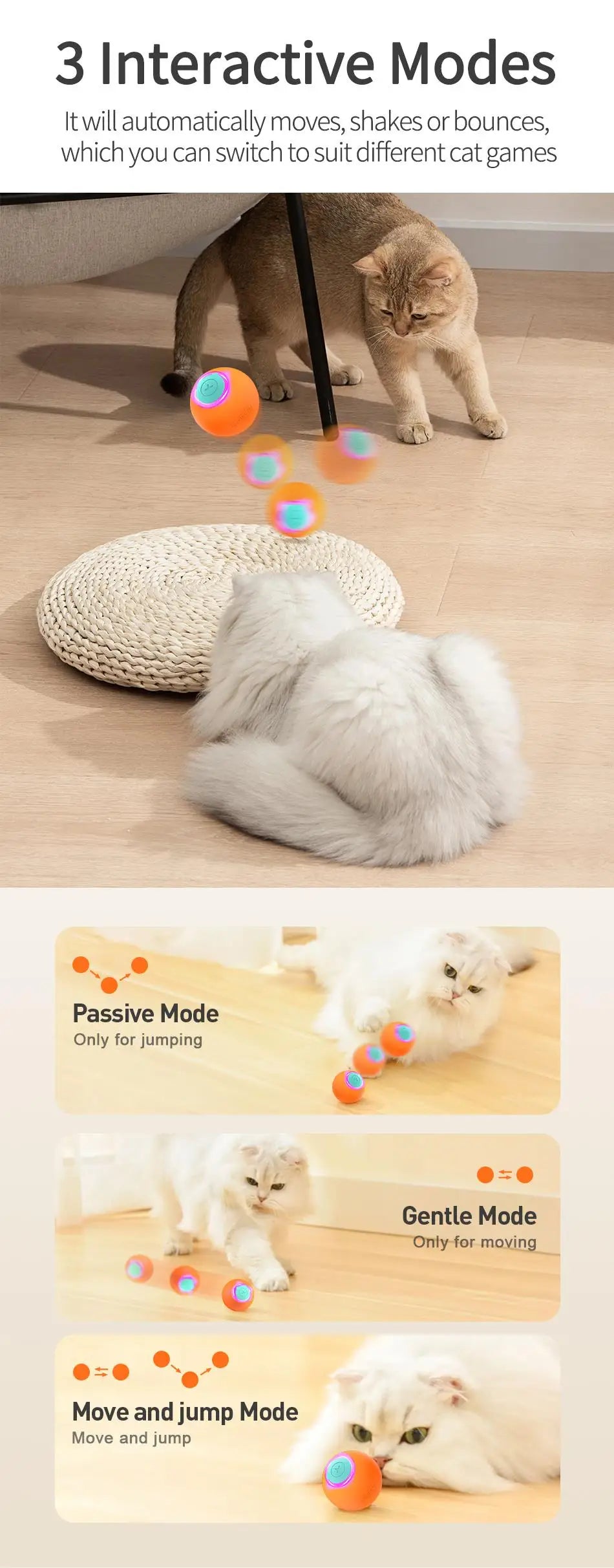 🐾 ROJECO Smart Interactive Cat Bouncing Ball – Self-Moving Electric Pet Toy for Cats & Dogs