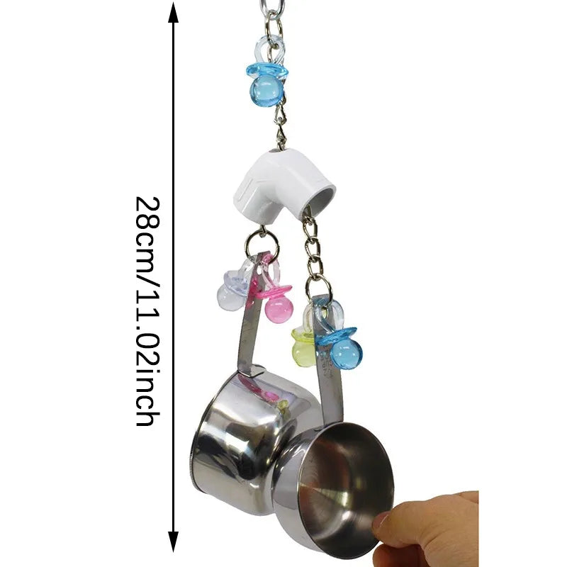 Pet Bird Parrot Toy – 4 Stainless Steel Pots with Acrylic String | Cage Chewing & Foraging Toy for Birds
