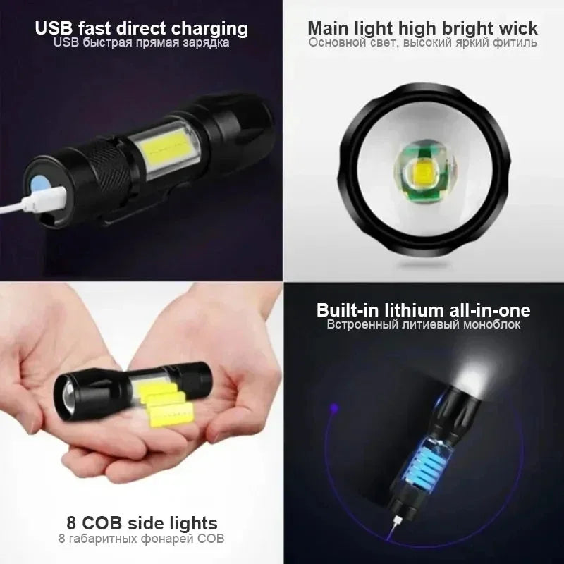 🔦 USB Rechargeable Mini Flashlight – COB+XPE Zoomable Torch with 3 Modes