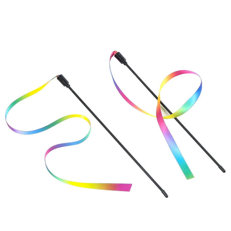 Rainbow Ribbon Cat Teaser Wand – Colorful Interactive Stick Toy for Cats