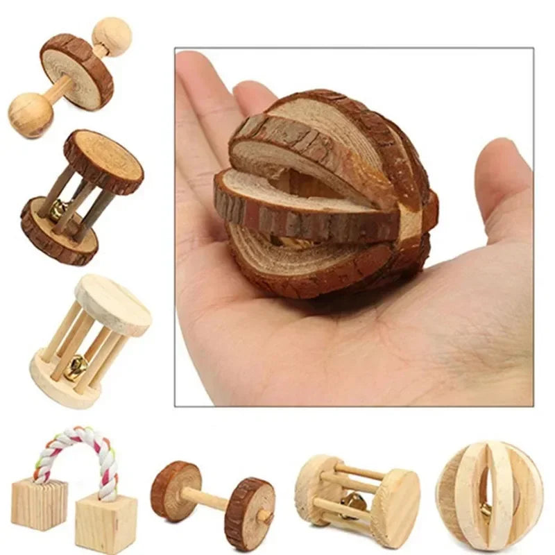 Wooden Rabbit Roller Toy – Natural Chew Dumbbell with Bell for Small Pets