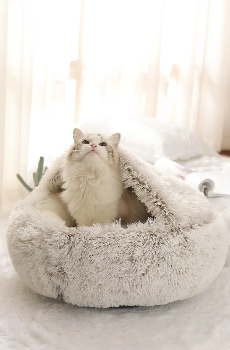 Autumn & Winter Plush Pet Bed – Semi-Enclosed Shell Cat Nest for Cozy Warmth