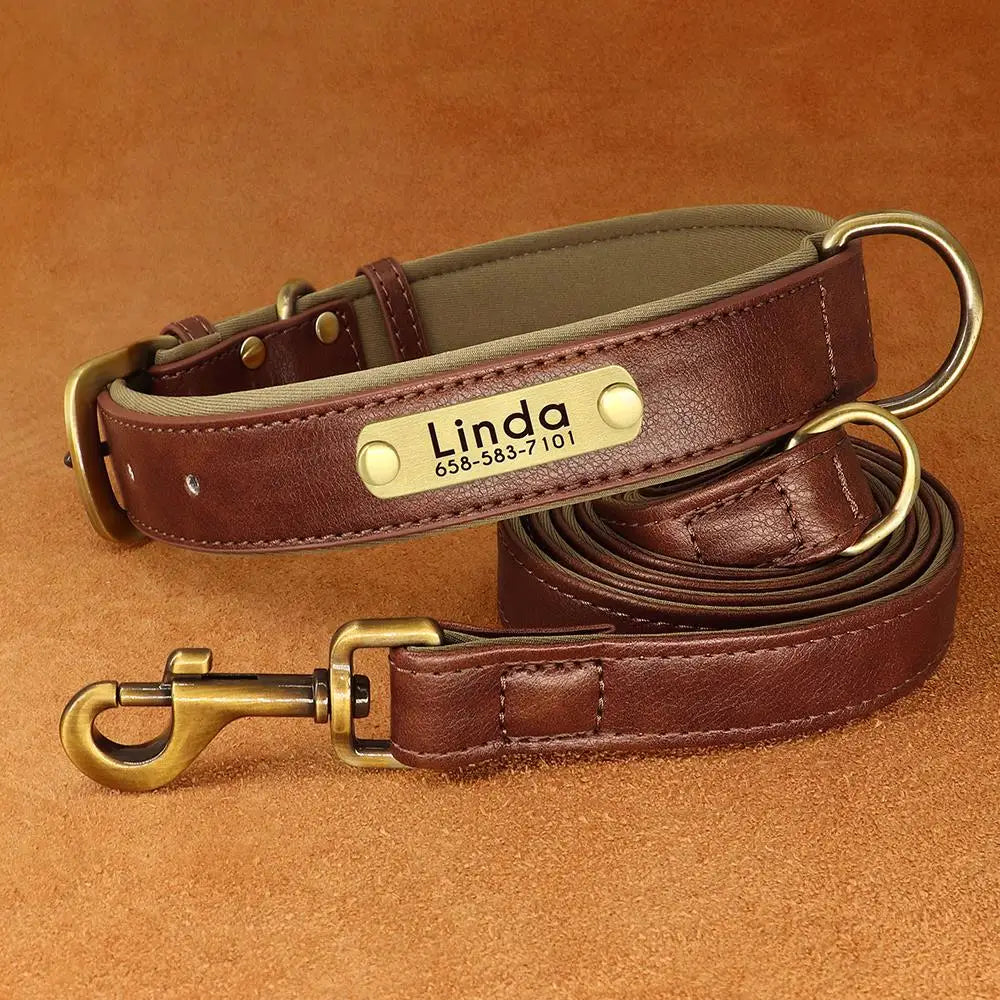 Custom Leather Dog Collar & Leash Set – Soft Padded with Engraved Nameplate