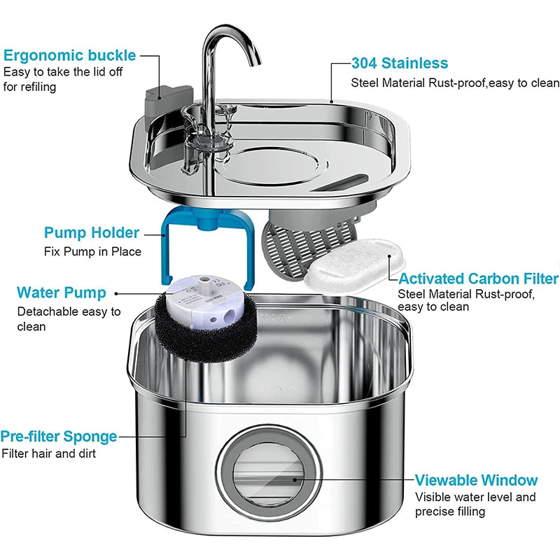🐾 3.2L 304 Stainless Steel Pet Water Fountain – Super Quiet Automatic Cat Drinking Fountain