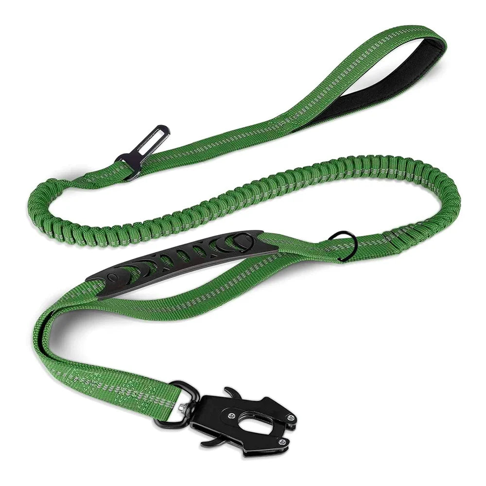 Reflective Tactical Bungee Dog Leash with Car Seatbelt – Shock-Absorbing, No-Pull Lead