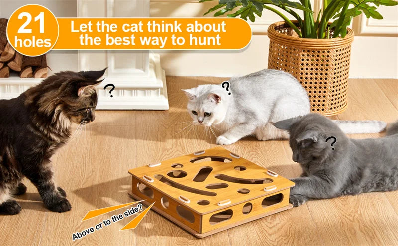 Interactive Wooden Cat Puzzle Box – Treat Maze & Hide and Seek Agility Toy