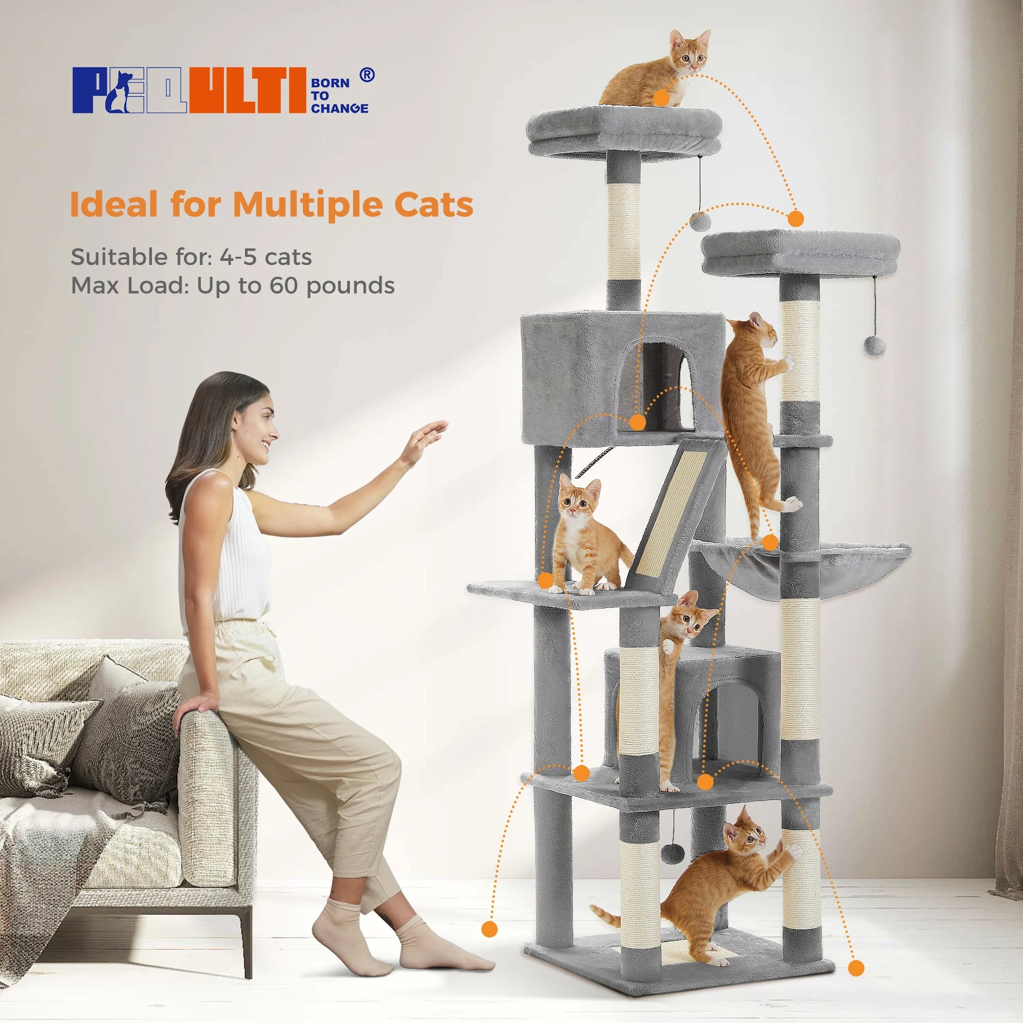 🐾 H180CM Large Cat Tree – Multi-Level Tower with Condos, Perches, Hammock & Sisal Posts
