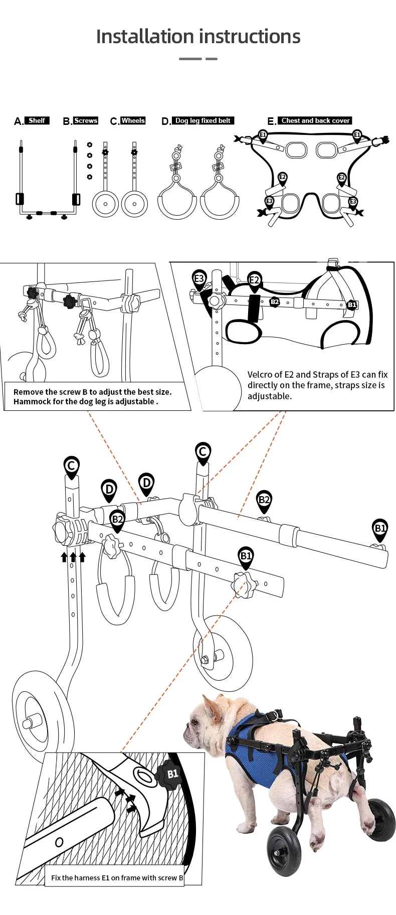 Adjustable Pet Wheelchair Cart – Mobility Aid with Wheels for Disabled Dogs and Cats