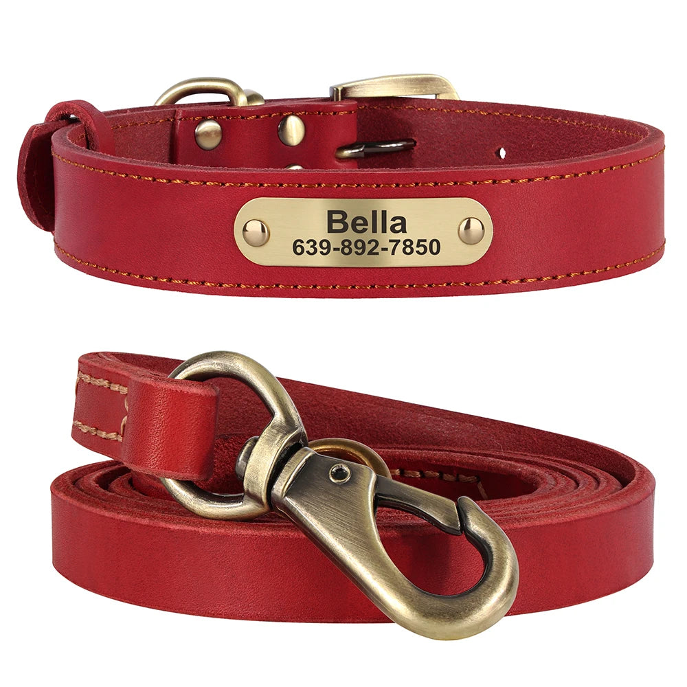 Personalized Leather Dog Collar & Leash Set – Engraved ID for Small to Large Dogs
