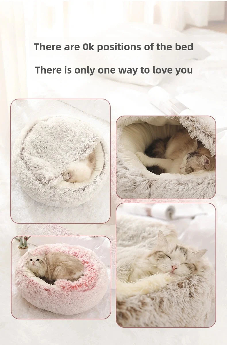Autumn & Winter Plush Pet Bed – Semi-Enclosed Shell Cat Nest for Cozy Warmth