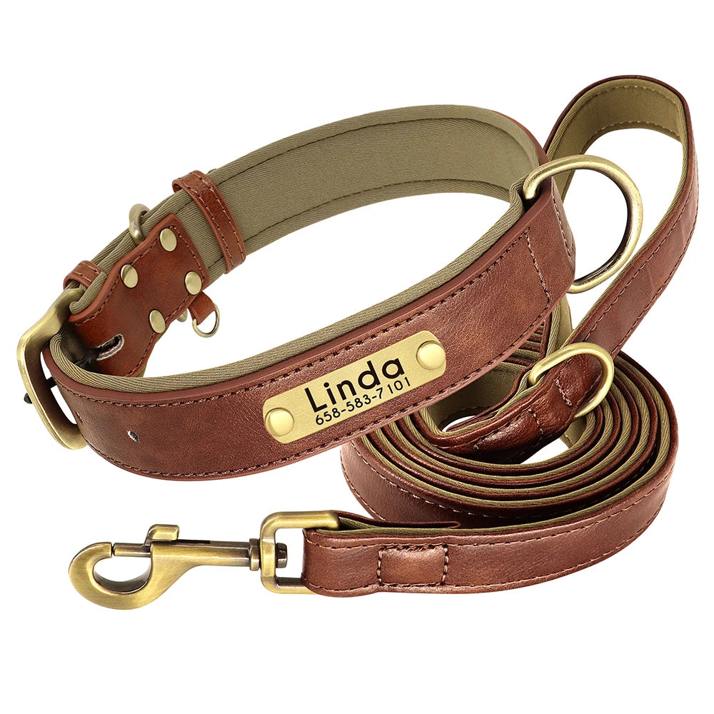 Custom Leather Dog Collar & Leash Set – Soft Padded with Engraved Nameplate