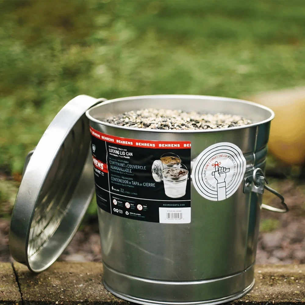 6-Gallon Galvanized Steel Storage Can with Locking Lid – Heavy Duty Metal Bin for Pet Food, Bird Seed, Charcoal & Garden Use