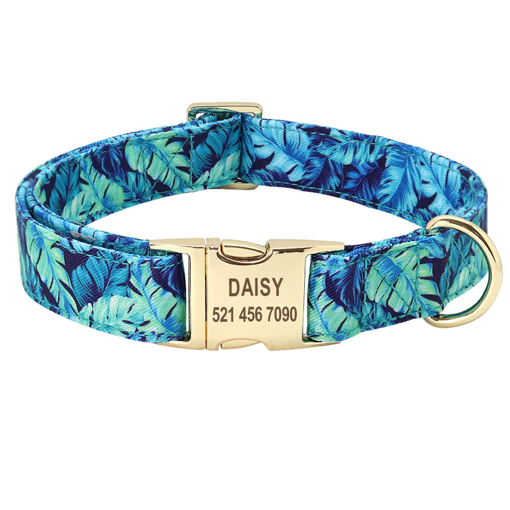 Personalized Floral Dog Collar & Leash Set – Custom Engraved Pet ID