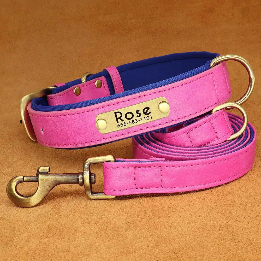 Custom Leather Dog Collar & Leash Set – Soft Padded with Engraved Nameplate