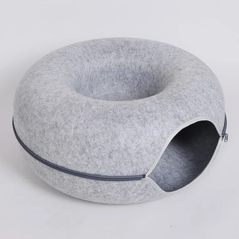Felt Tunnel Cat Nest with Window – Round Donut Cat Bed, Detachable & Washable All-Season Pet Nest