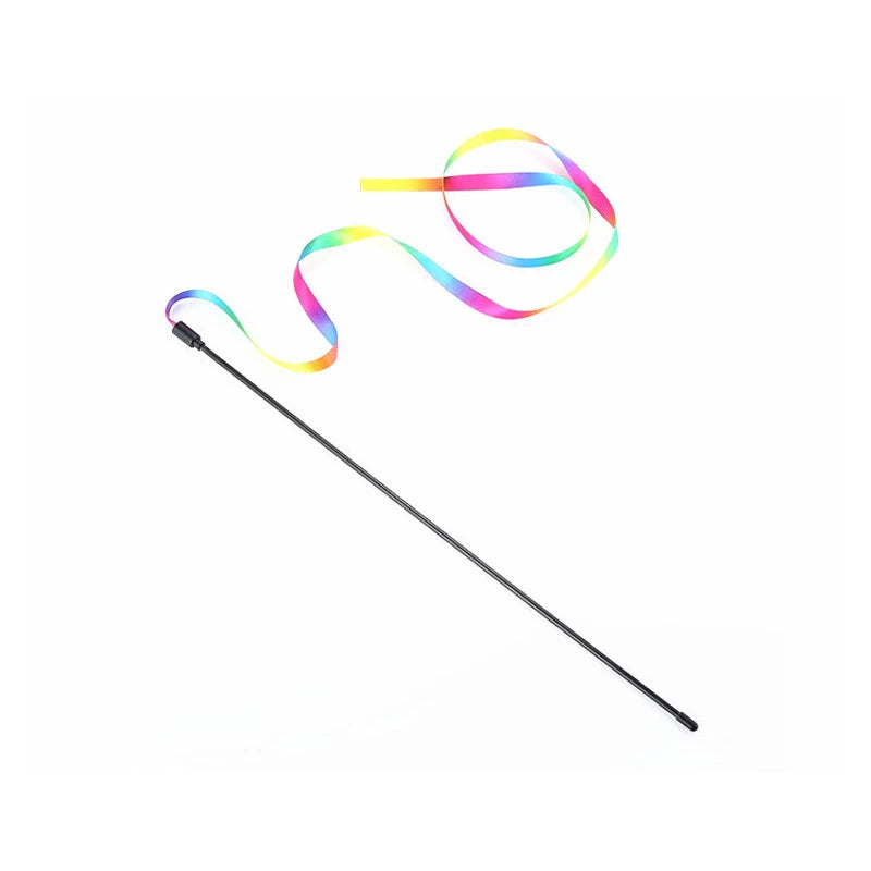 Rainbow Ribbon Cat Teaser Wand – Colorful Interactive Stick Toy for Cats