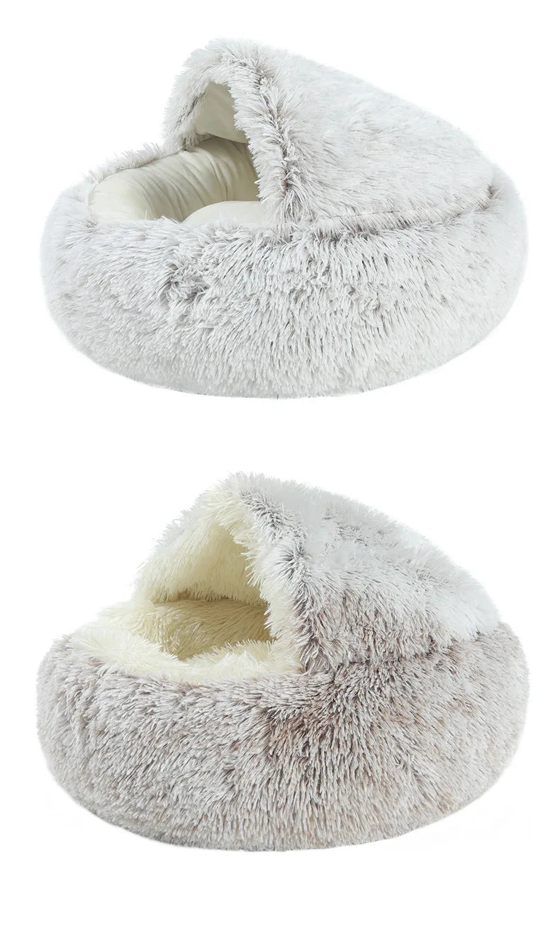 Autumn & Winter Plush Pet Bed – Semi-Enclosed Shell Cat Nest for Cozy Warmth