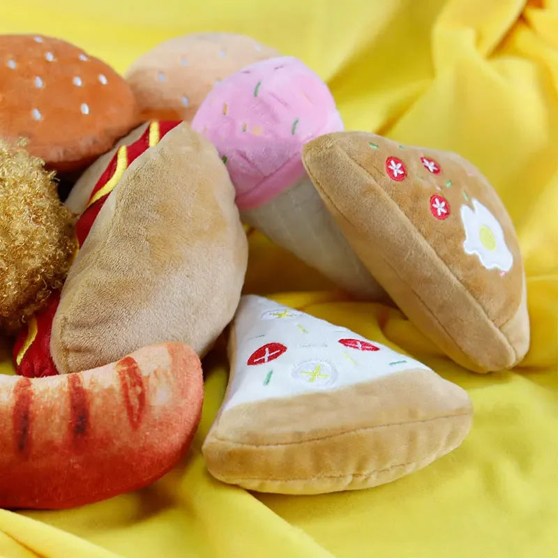 🧸 Plush Dog Toys – Squeaky Soft Pet Chew Toys (Ice Cream, Fries, Hamburger)
