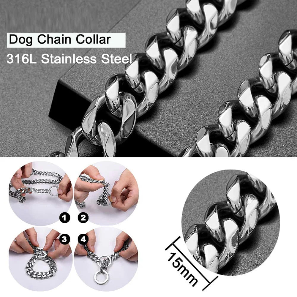 15MM Cuban Link Dog Chain Collar – Silvery/Golden Stainless Steel Training Slip Collar for Strong Dogs