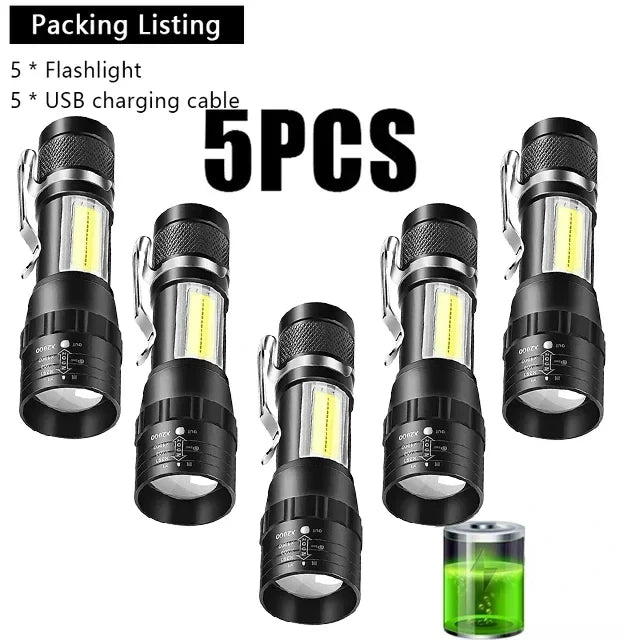 🔦 USB Rechargeable Mini Flashlight – COB+XPE Zoomable Torch with 3 Modes