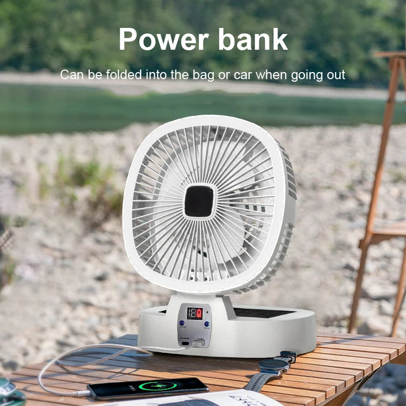 Outdoor Solar Camping Fan – 5 Speeds, LED Light, USB Rechargeable & Power Bank Function, Quiet Portable Electric Fan